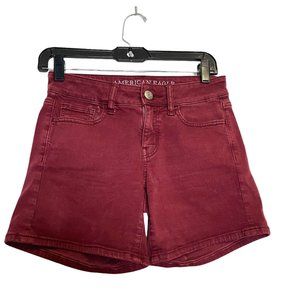 EUC Women American Eagle Low Rise Midi Denim Burgundy Shorts Size 0 Inseam 5.4"